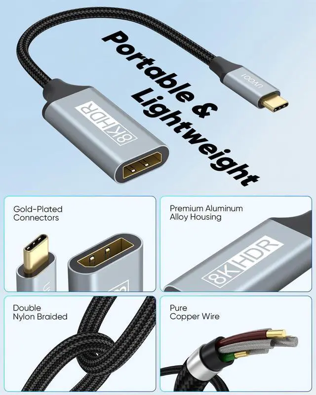 Alt view image 7 of 7 - USB C to DisplayPort 1.4 Adapter 8K@60Hz USBC to DisplayPort Adapter Compatible with Thunderbolt 5/4/3 (4K@240Hz/144Hz HDR 32.4Gbps DP) for MacBook Pro/Air iPad Surface iPhone 17/16