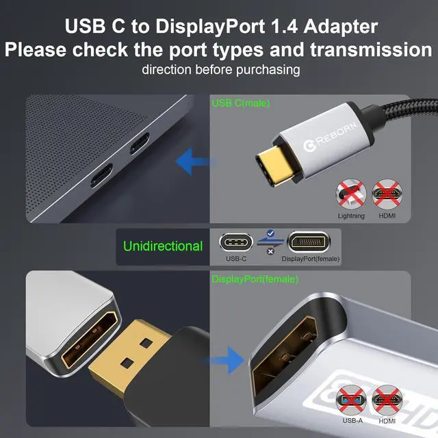 Alt view image 5 of 7 - Unidirectional USB C to DisplayPort 1.4 Adapter 32.4Gbps 4K@240hz 8K@60hz and HDR Support - Thunderbolt 3/4 to Display Port Compatible with iPad Pro iPhone 16/15 Pro MacBook Pro Surface