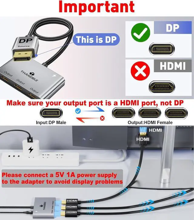 Alt view image 2 of 7 - DisplayPort to HDMI Splitter for Multi Monitor Adapter HDMI Splitter Extended Display 1 in 3 Out MST Hub (4K@60Hz) for Extended or Cloned Display Mode DP to 3X HDMI Port with PC