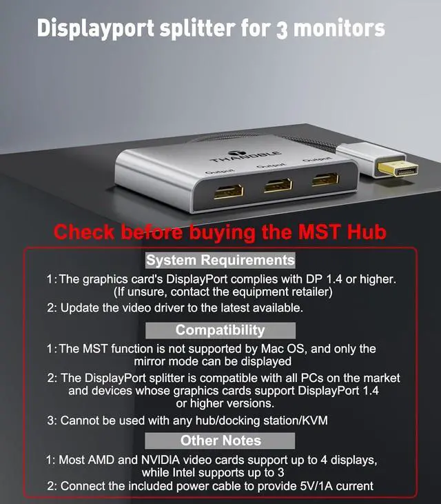 Alt view image 4 of 7 - DisplayPort to HDMI Splitter for Multi Monitor Adapter HDMI Splitter Extended Display 1 in 3 Out MST Hub (4K@60Hz) for Extended or Cloned Display Mode DP to 3X HDMI Port with PC