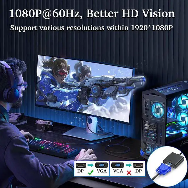Alt view image 4 of 7 - DisplayPort (DP) to VGA Adapter Gold-Plated 1080P@60Hz (Male to Female) for Laptop Desktop PC Monitor & More(3 Pack)