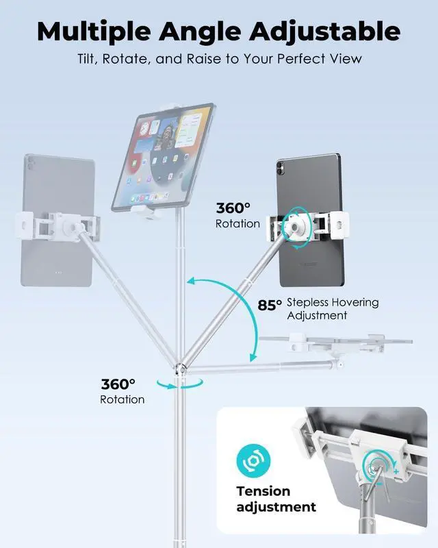 Alt view image 3 of 6 - Tablet Floor Stand Height & Angle Adjustable Tablet Holder with Aluminum Alloy Arm Tube 360° Rotation for Bed Sofa Desk Compatible with 3.5-11 iPad Pro/Air/Mini iPhone 15/14 Kindle.