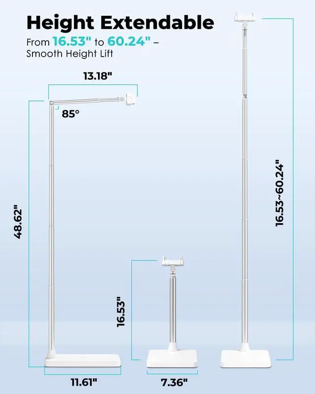 Alt view image 4 of 6 - Tablet Floor Stand Height & Angle Adjustable Tablet Holder with Aluminum Alloy Arm Tube 360° Rotation for Bed Sofa Desk Compatible with 3.5-11 iPad Pro/Air/Mini iPhone 15/14 Kindle.