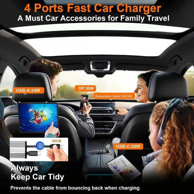 Alt view image 4 of 7 - 12V&24V Retractable Cord 4 in 1 Fast Car Charger 4Ports (PD30W+PD12W x3) Cigarette Lighter Chargers with USB Type C Ports Display for iPhone 17 16 Pro Max Plus/iPad Car Truck Essentials