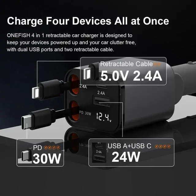 Alt view image 2 of 7 - 12V&24V Retractable Cord 4 in 1 Fast Car Charger 4Ports (PD30W+PD12W x3) Cigarette Lighter Chargers with USB Type C Ports Display for iPhone 17 16 Pro Max Plus/iPad Car Truck Essentials