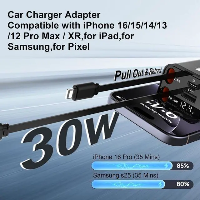 Alt view image 3 of 7 - 12V&24V Retractable Cord 4 in 1 Fast Car Charger 4Ports (PD30W+PD12W x3) Cigarette Lighter Chargers with USB Type C Ports Display for iPhone 17 16 Pro Max Plus/iPad Car Truck Essentials