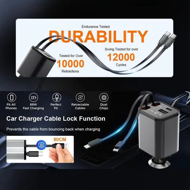 Alt view image 6 of 7 - 12V&24V Retractable Cord 4 in 1 Fast Car Charger 4Ports (PD30W+PD12W x3) Cigarette Lighter Chargers with USB Type C Ports Display for iPhone 17 16 Pro Max Plus/iPad Car Truck Essentials