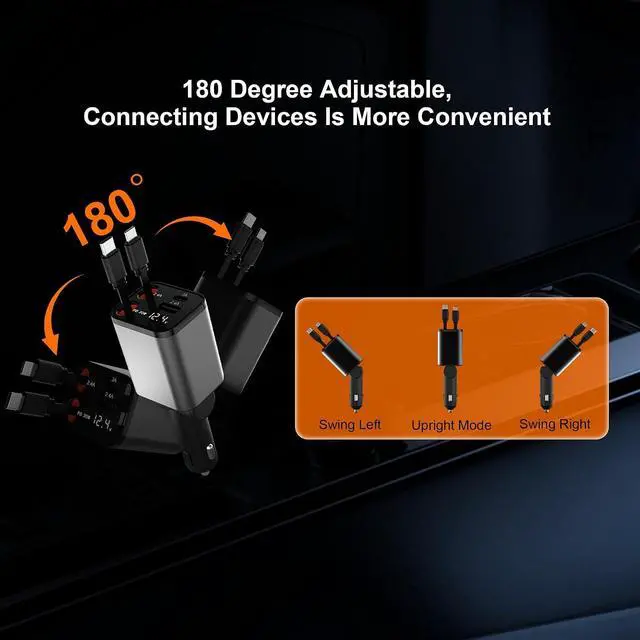 Alt view image 7 of 7 - 12V&24V Retractable Cord 4 in 1 Fast Car Charger 4Ports (PD30W+PD12W x3) Cigarette Lighter Chargers with USB Type C Ports Display for iPhone 17 16 Pro Max Plus/iPad Car Truck Essentials