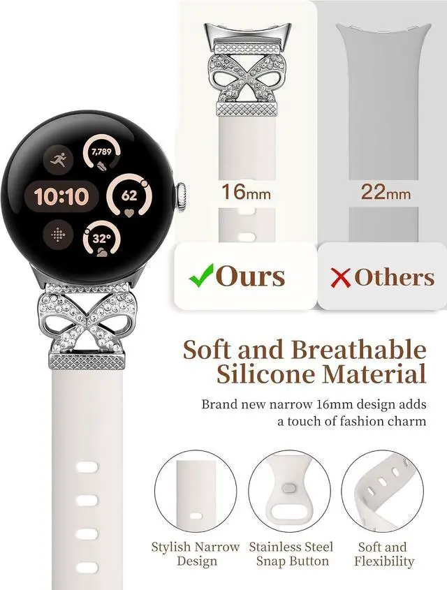 Alt view image 2 of 7 - Slim Bowknot Silicone Band Compatible with Google Pixel Watch 4 3 41mm/ Pixel Watch 2 1 Band Women Thin Silicone Waterproof Straps Replacement Wristbands for Google Smartwatch 41mm Accessory
