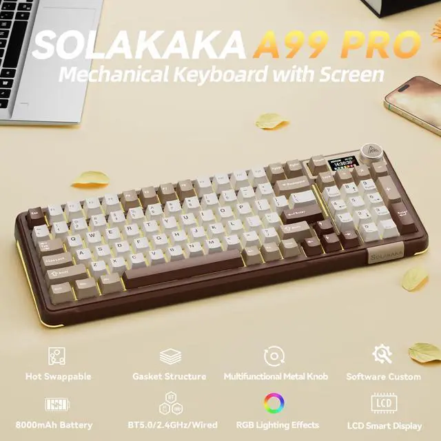 Alt view image 2 of 7 - A99 Pro Mechanical Keyboard with LCD Screen & Metal Knob, Wireless Gaming Keyboard with BT5.0/2.4GHz/USB-C, Hot Swappable Creamy Keyboard, Gasket Structure, RGB Backlit, for Win/Mac