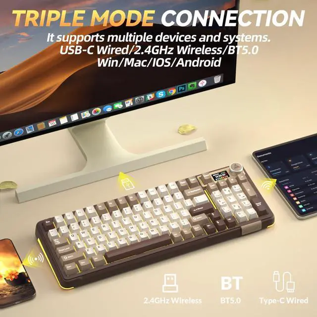 Alt view image 3 of 7 - A99 Pro Mechanical Keyboard with LCD Screen & Metal Knob, Wireless Gaming Keyboard with BT5.0/2.4GHz/USB-C, Hot Swappable Creamy Keyboard, Gasket Structure, RGB Backlit, for Win/Mac