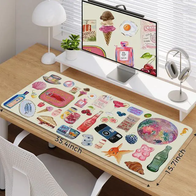 Alt view image 2 of 7 - Office Desk Mat for Keyboard and Mouse, Large Mouse Pad, Desk Pad Mat, Anti-Slip Big Mousepad with Stitched Edges for Computer Desktop Cover Protector (Watercolor Stickers)