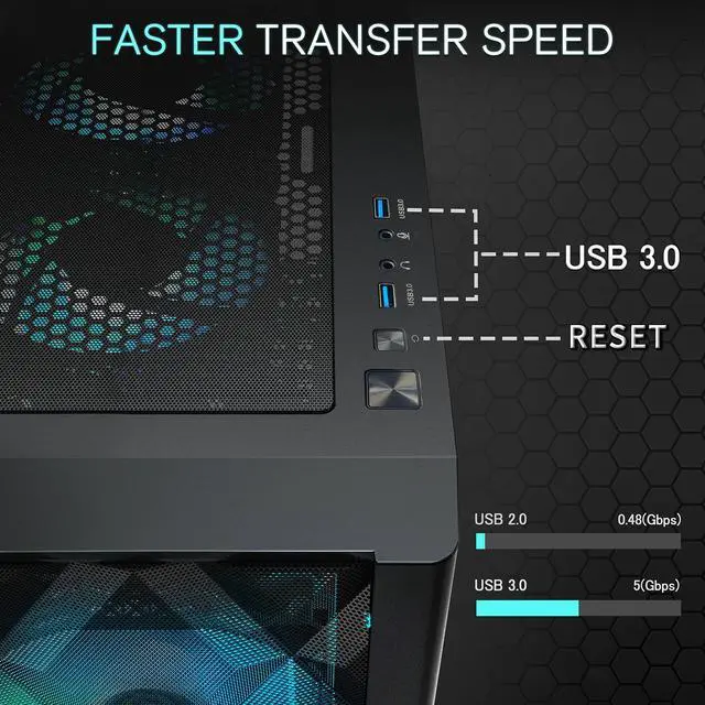Alt view image 4 of 6 - ATX PC Case Pre-Install 6 PWM ARGB Fans, Polygonal Mesh Computer Gaming Case, Opening Tempered Glass Side Panel Mid-Tower Case, USB 3.0 x 2, Black, NN8