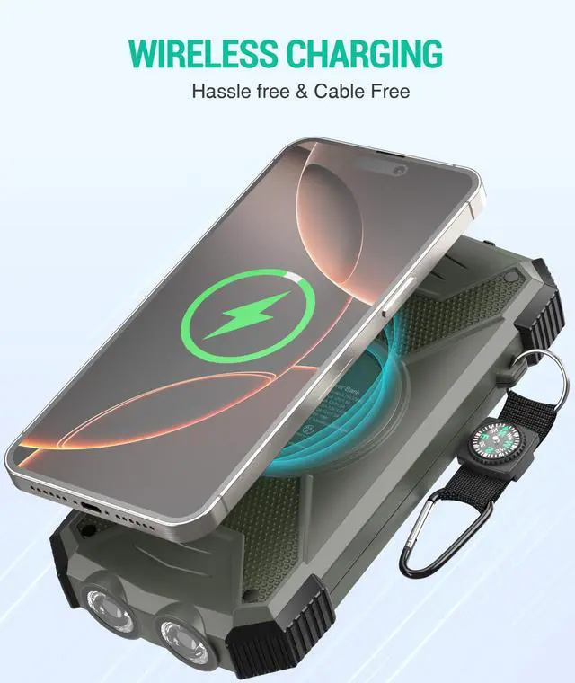 Alt view image 2 of 7 - Solar Power Bank 10,000mAh, Portable Wireless Charger, 20W Fast Charging External Battery Pack with USB C for Cell Phones, Solar Panel Charging with Dual Flashlight for Camping