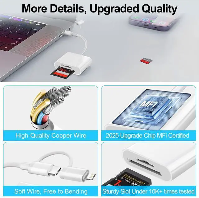 Alt view image 6 of 7 - SD Card Reader for iPhone iPad Mac, USB C & Lightning Dual Connector Digital Camera Adapter to iPhone, SD Card Adapter Memory Card Reader for SD/TF/Sim Card, Plug & Play, Camera Accessories