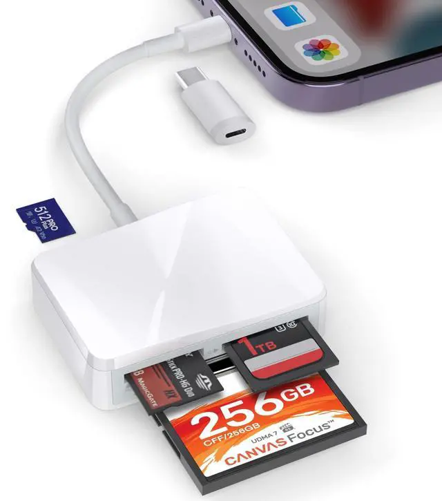 Main image of SD Card Reader for iPhone, 4 in 1 USB C and Lightning to CF/SD/MS/TF Card Adapter Memory Card Reader for Camera Adapter Trail Game Camera Viewer for iPad Macbook Plug and Play No App Required