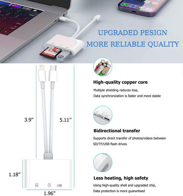 Alt view image 6 of 6 - USB C SD Card Reader for iPhone, iPad, Lightning Dual Port SD Card Adapter, Memory Card Reader for Camera Adapter, Support SD, Micro SD, USB 3.0, Plug and Play