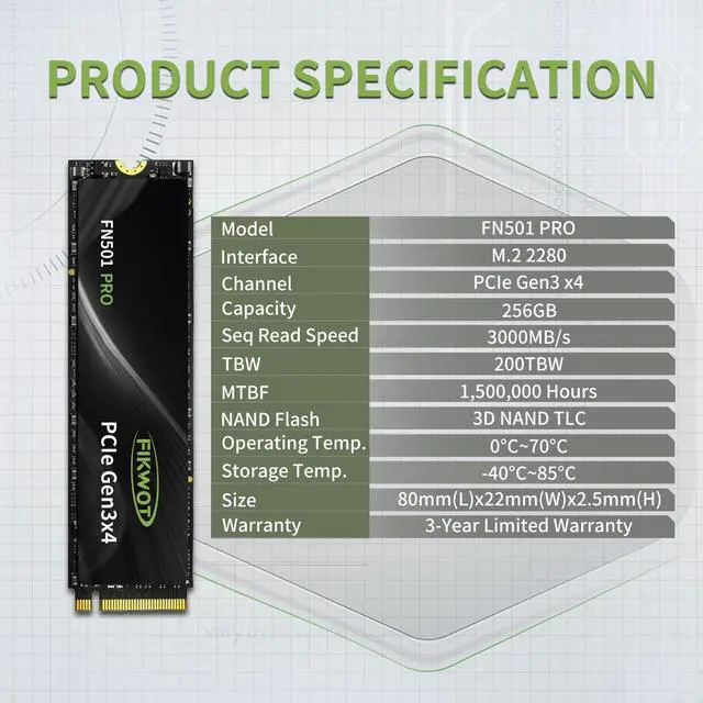 Alt view image 5 of 7 - FN501 Pro 256GB NVMe SSD - M.2 2280 PCIe Gen3 x4 Internal Solid State Drive with Graphene Cooling Sticker, Up to 3,000MB/s, SLC Cache 3D NAND TLC, Compatible with Laptop & PC Desktop