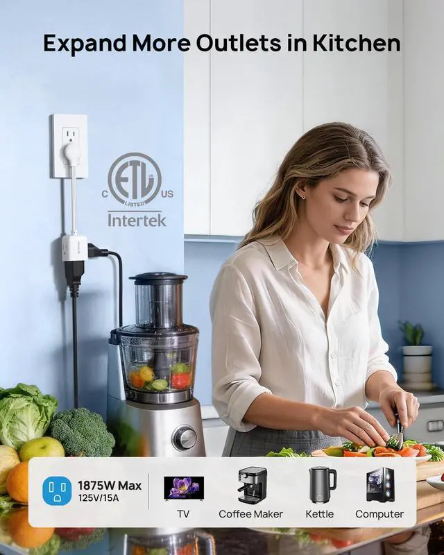 Alt view image 2 of 7 - Flat Outlet Extender with 6 Inch Cord - ETL Listed Flat Plug Extension Outlet Splitter Adapter, Electrical 3 Way Multi Wall Plug Extender for Home Office Dorm Room Cruise Ship Travel, White