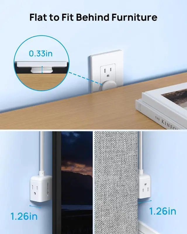 Alt view image 3 of 7 - Flat Outlet Extender with 6 Inch Cord - ETL Listed Flat Plug Extension Outlet Splitter Adapter, Electrical 3 Way Multi Wall Plug Extender for Home Office Dorm Room Cruise Ship Travel, White