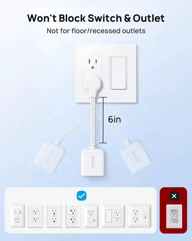 Alt view image 6 of 7 - Flat Outlet Extender with 6 Inch Cord - ETL Listed Flat Plug Extension Outlet Splitter Adapter, Electrical 3 Way Multi Wall Plug Extender for Home Office Dorm Room Cruise Ship Travel, White