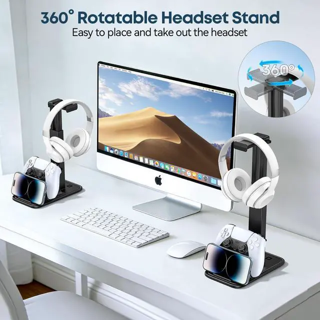 Alt view image 4 of 7 - Gaming Headset & Controller Stand, Rotating Headphone Storage with Controller & Phone Holder, Game Desk Storage with Cable Organizer for PS5/PS4/XBOX PC Gamer Essentials Organizer Gift Accessories