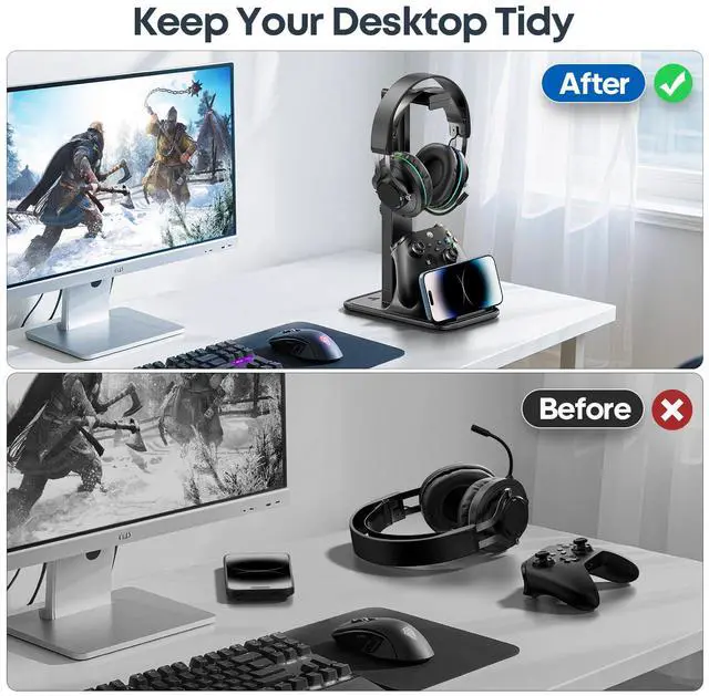 Alt view image 6 of 7 - Gaming Headset & Controller Stand, Rotating Headphone Storage with Controller & Phone Holder, Game Desk Storage with Cable Organizer for PS5/PS4/XBOX PC Gamer Essentials Organizer Gift Accessories