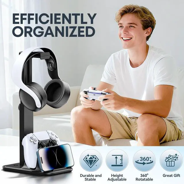 Alt view image 7 of 7 - Gaming Headset & Controller Stand, Rotating Headphone Storage with Controller & Phone Holder, Game Desk Storage with Cable Organizer for PS5/PS4/XBOX PC Gamer Essentials Organizer Gift Accessories