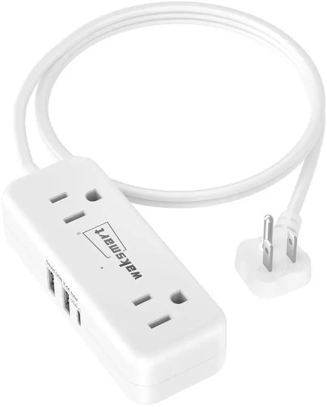 Main image of Flat Plug Extension Cord 3 Feet with 4 AC Outlets 3 USB Ports (5V/3.4A 17W), Flat Plug Power Strip Compact for College Dorm, Travel, Home, White