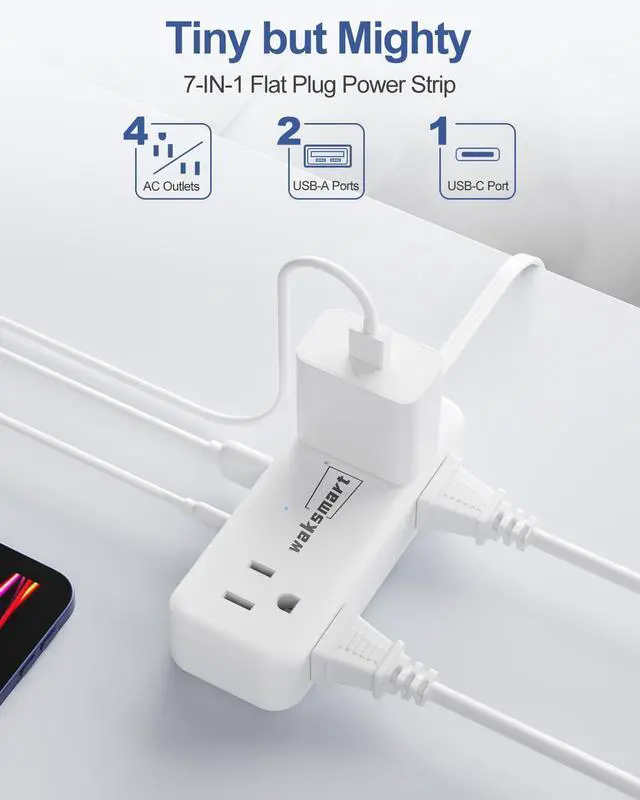 Alt view image 2 of 7 - Flat Plug Extension Cord 3 Feet with 4 AC Outlets 3 USB Ports (5V/3.4A 17W), Flat Plug Power Strip Compact for College Dorm, Travel, Home, White