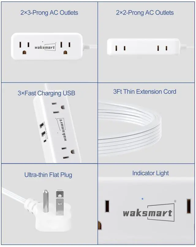 Alt view image 7 of 7 - Flat Plug Extension Cord 3 Feet with 4 AC Outlets 3 USB Ports (5V/3.4A 17W), Flat Plug Power Strip Compact for College Dorm, Travel, Home, White