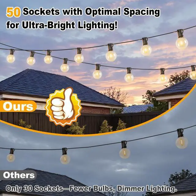 Alt view image 2 of 7 - 100ft 2-Pack Outdoor String Lights, G40 LED Globe Waterproof Patio Lights | 52 Shatterproof Edison Bulbs, Dimmable, Plug-In, Connectable, Commercial Hanging Lights for Porch Backyard Party Decor