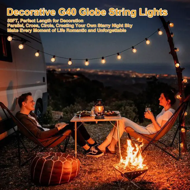 Alt view image 6 of 7 - 100ft 2-Pack Outdoor String Lights, G40 LED Globe Waterproof Patio Lights | 52 Shatterproof Edison Bulbs, Dimmable, Plug-In, Connectable, Commercial Hanging Lights for Porch Backyard Party Decor