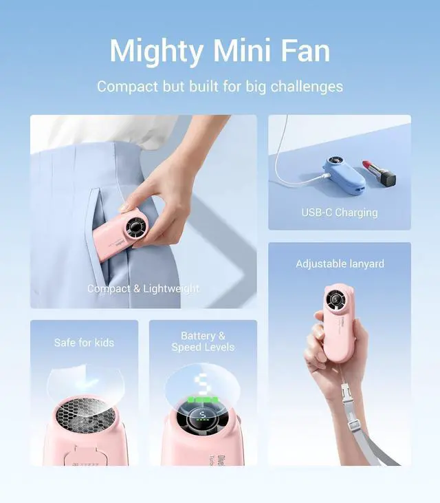 Alt view image 4 of 7 - TurboBear Portable Handheld Turbo Fan, 5 Gear Wind, Travel Essentials, Small Hand Held Fan Rechargeable, Mini Personal Fans Cooling, Battery Powered, Pocket Cute Gifts Women