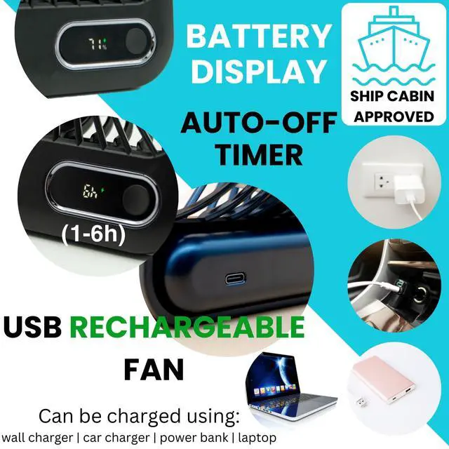 Alt view image 6 of 7 - Cruise Fan Cabin Approved - Magnetic Hook Included To Hang On Walls - Portable USB Rechargeable & Plug-In, Timer Function & 5-Speed Adjustable, White Noise, Long Battery Life, Perfect for 2026 Cruises