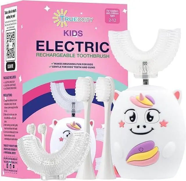 Main image of Kids U Shape Toothbrush Auto Electric Toddler Rechargeable Kids Automatic Toothbrush | 360° U-Shaped Silicone Brush Head | Gentle Cleaning for Ages 27 | Unicorn Design (Pink)