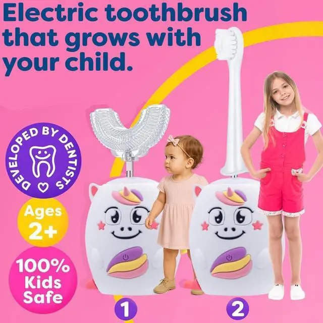 Alt view image 2 of 7 - Kids U Shape Toothbrush Auto Electric Toddler Rechargeable Kids Automatic Toothbrush | 360° U-Shaped Silicone Brush Head | Gentle Cleaning for Ages 27 | Unicorn Design (Pink)