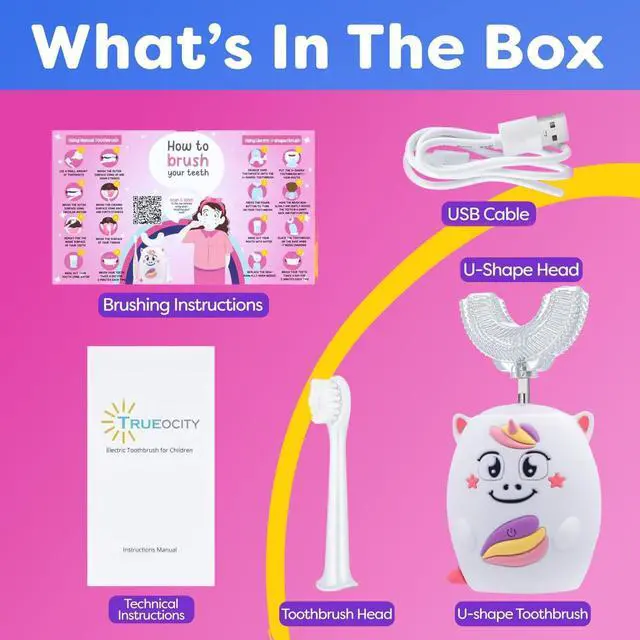 Alt view image 3 of 7 - Kids U Shape Toothbrush Auto Electric Toddler Rechargeable Kids Automatic Toothbrush | 360° U-Shaped Silicone Brush Head | Gentle Cleaning for Ages 27 | Unicorn Design (Pink)