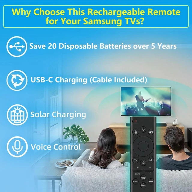 Alt view image 5 of 7 - Rechargeable TV Remote for Samsung Smart TVs, Replacement for All 2019-2026 Samsung TV Remote Control with Voice Control. USB-C Fast Charging. Solar Charging
