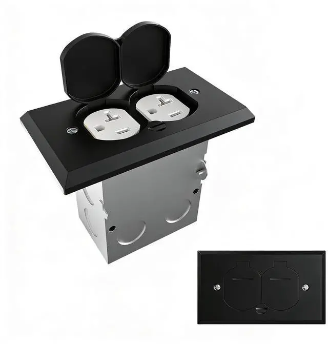 Main image of Floor Outlet Cover Box, Stainless Steel Recessed Floor Outlet Cover Plate, Flip Lid 20A Tamper Resistant Receptacle Socket with Watertight Gasket, Black Finish Suitable for Flooring,Tiles,Carpet
