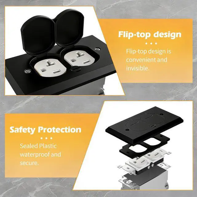 Alt view image 5 of 7 - Floor Outlet Cover Box, Stainless Steel Recessed Floor Outlet Cover Plate, Flip Lid 20A Tamper Resistant Receptacle Socket with Watertight Gasket, Black Finish Suitable for Flooring,Tiles,Carpet