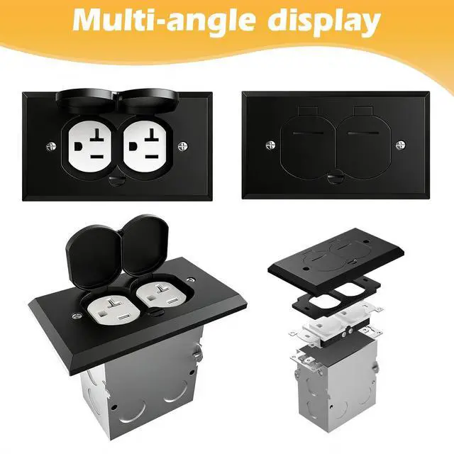 Alt view image 4 of 7 - Floor Outlet Cover Box, Stainless Steel Recessed Floor Outlet Cover Plate, Flip Lid 20A Tamper Resistant Receptacle Socket with Watertight Gasket, Black Finish Suitable for Flooring,Tiles,Carpet