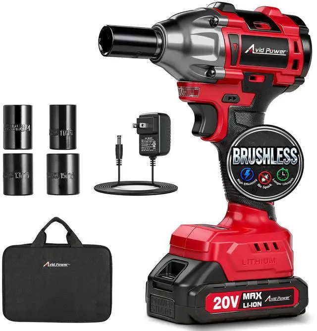 Main image of Impact Wrench, 1/2 Impact Gun Brushless Max Torque 332 Ft-lbs (450 N.m), 20V Cordless Impact Wrenches with 2.0 Ah Battery, 2 Variable Speeds, 4PCS Impact Sockets, Charger, Tool Bag