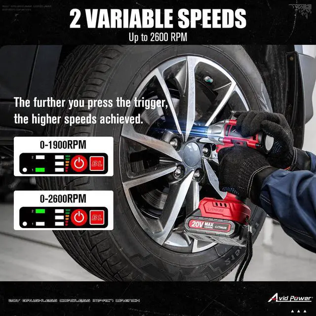 Alt view image 3 of 7 - Impact Wrench, 1/2 Impact Gun Brushless Max Torque 332 Ft-lbs (450 N.m), 20V Cordless Impact Wrenches with 2.0 Ah Battery, 2 Variable Speeds, 4PCS Impact Sockets, Charger, Tool Bag