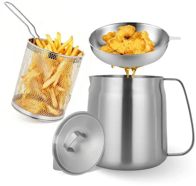 Main image of 119oz Stainless Steel Deep Fryer Pot with Basket and Oil Strainer, Multifunctional Deep Frying, Small Stove Top deep fry for Kitchen and Camping, Steel Pour Pot for French Fries, Chicken (3.5L)