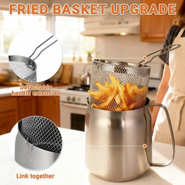 Alt view image 4 of 7 - 119oz Stainless Steel Deep Fryer Pot with Basket and Oil Strainer, Multifunctional Deep Frying, Small Stove Top deep fry for Kitchen and Camping, Steel Pour Pot for French Fries, Chicken (3.5L)