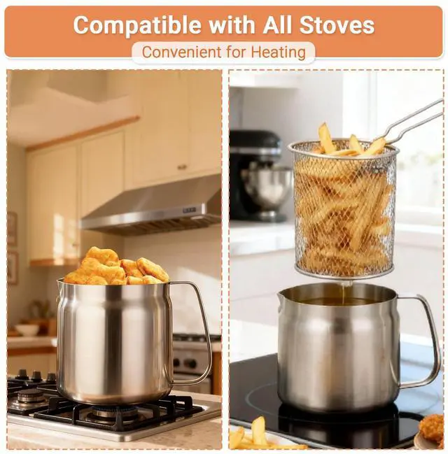 Alt view image 5 of 7 - 119oz Stainless Steel Deep Fryer Pot with Basket and Oil Strainer, Multifunctional Deep Frying, Small Stove Top deep fry for Kitchen and Camping, Steel Pour Pot for French Fries, Chicken (3.5L)