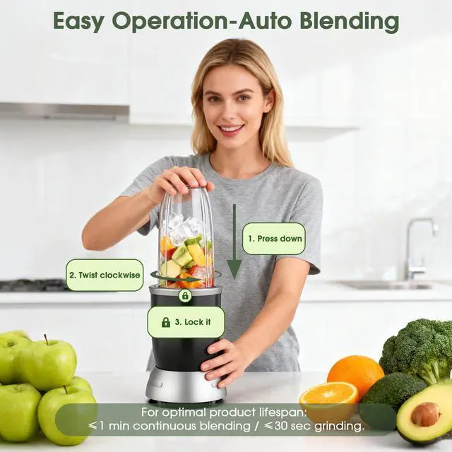 Alt view image 5 of 14 - Smoothie Blender, 25000 RPM Portable Blender for Smoothies, Countertop Blenders for Kitchen with 37oz, 32oz, 23oz Personal Blenders Cups, 2 Spout Lids &1 Resealable Lid for Crushing, Juice, Nuts