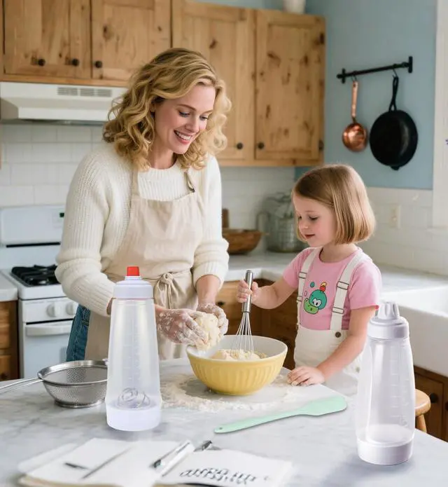 Alt view image 6 of 6 - Pancake Batter Dispenser,Pancake Batter Dispenser Bottle with Whisk Ball and Stand Base, Batter Mixer and Dispenser for Pancakes, Crepes, Waffle,Kitchen Baking Tool 2 Packs