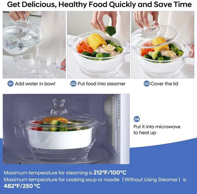 Alt view image 5 of 6 - Glass Microwave Steamer for Vegetables, Broccoli, Fish & Food Oven Safe Steamer Bowl for Cooking, BPA-Free, Odorless & Dishwasher Safe1.5L